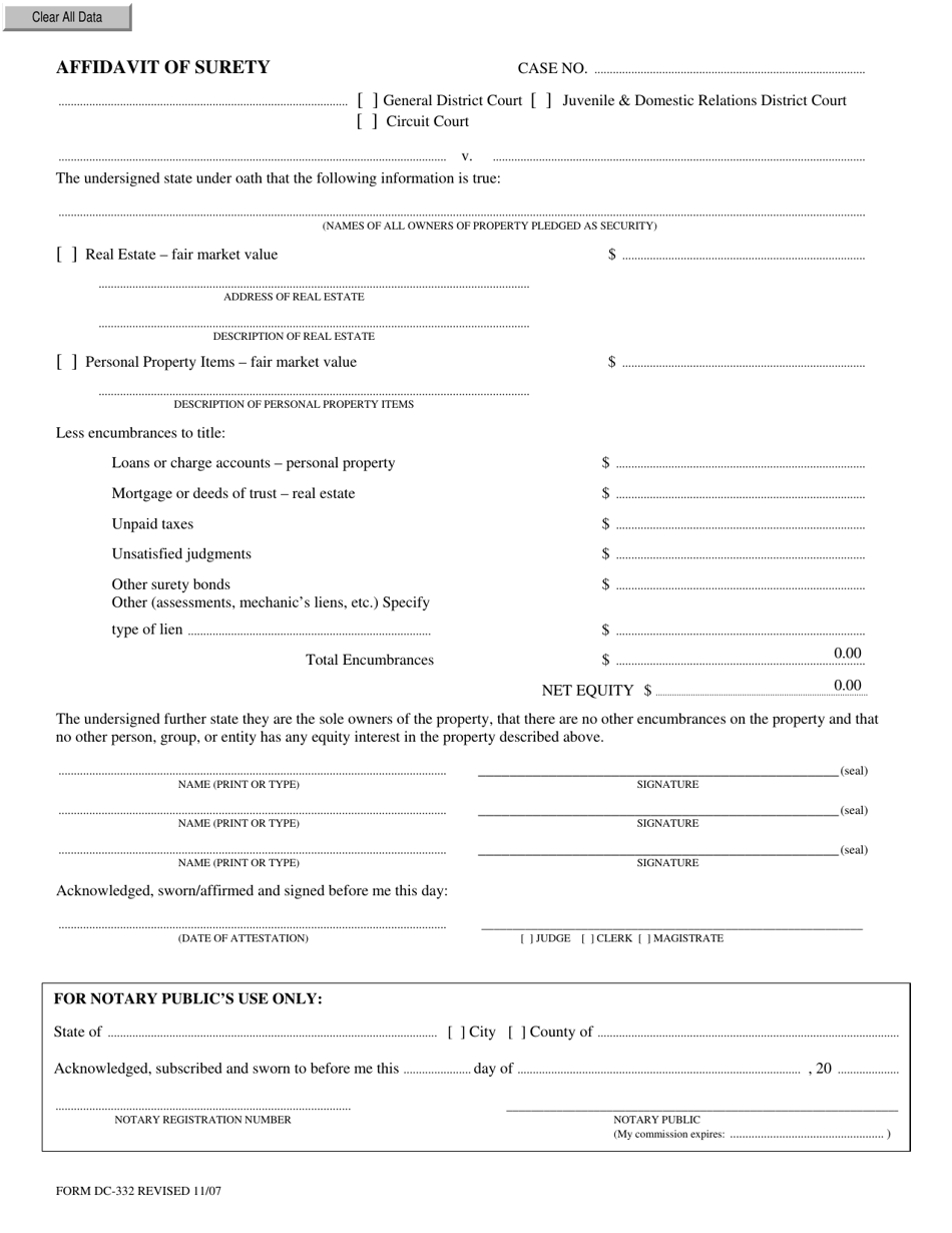 Form DC-332 Affidavit of Surety - Virginia, Page 1