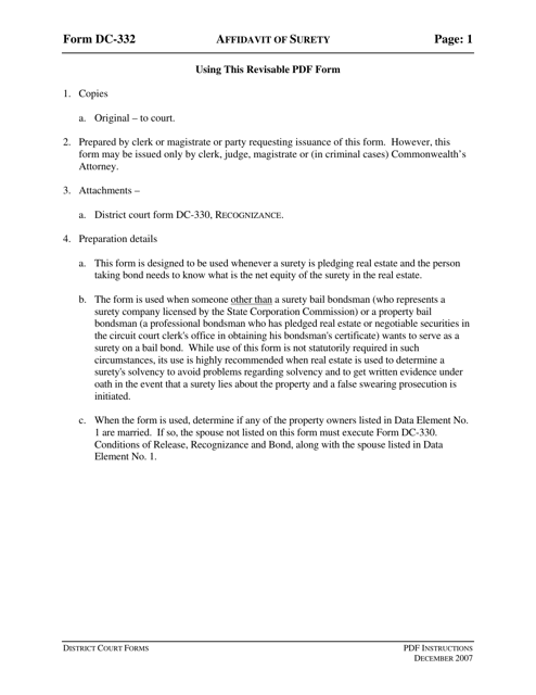 Instructions for Form DC-332 Affidavit of Surety - Virginia