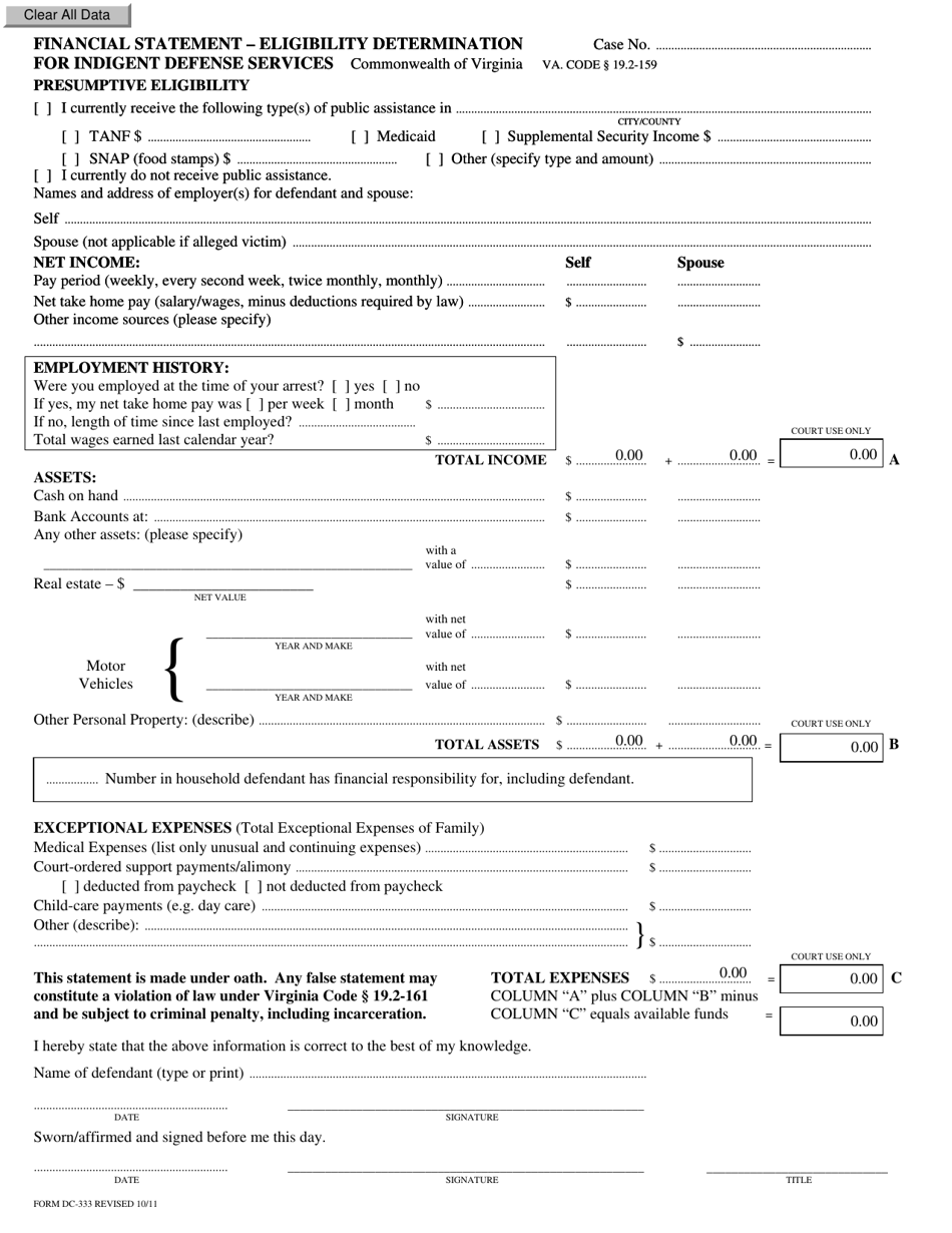 Form DC-333 Financial Statement - Eligibility Determination for Indigent Defense Services - Virginia, Page 1