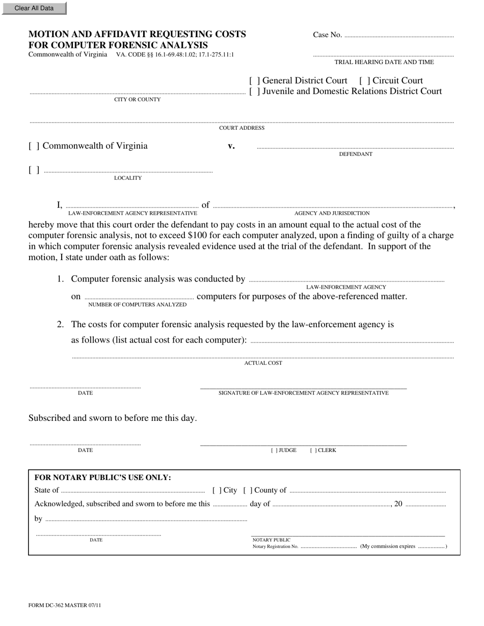Form DC-362 Motion and Affidavit Requesting Costs for Computer Forensic Analysis - Virginia, Page 1
