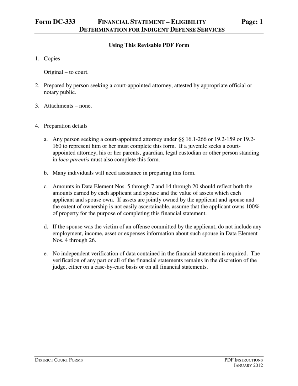 Instructions for Form DC-333 Financial Statement - Eligibility Determination for Indigent Defense Services - Virginia, Page 1