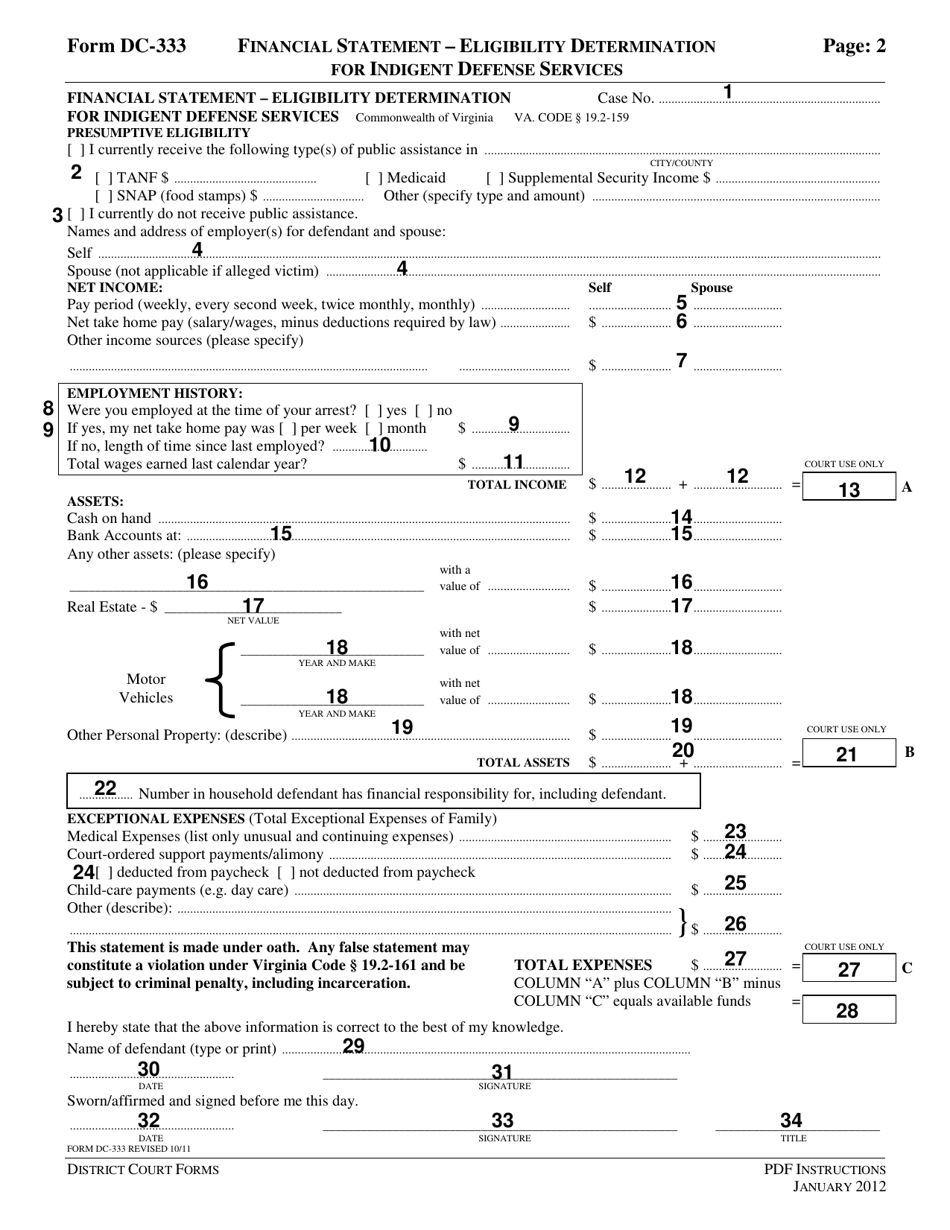 Download Instructions For Form Dc 333 Financial Statement Eligibility Determination For 9280