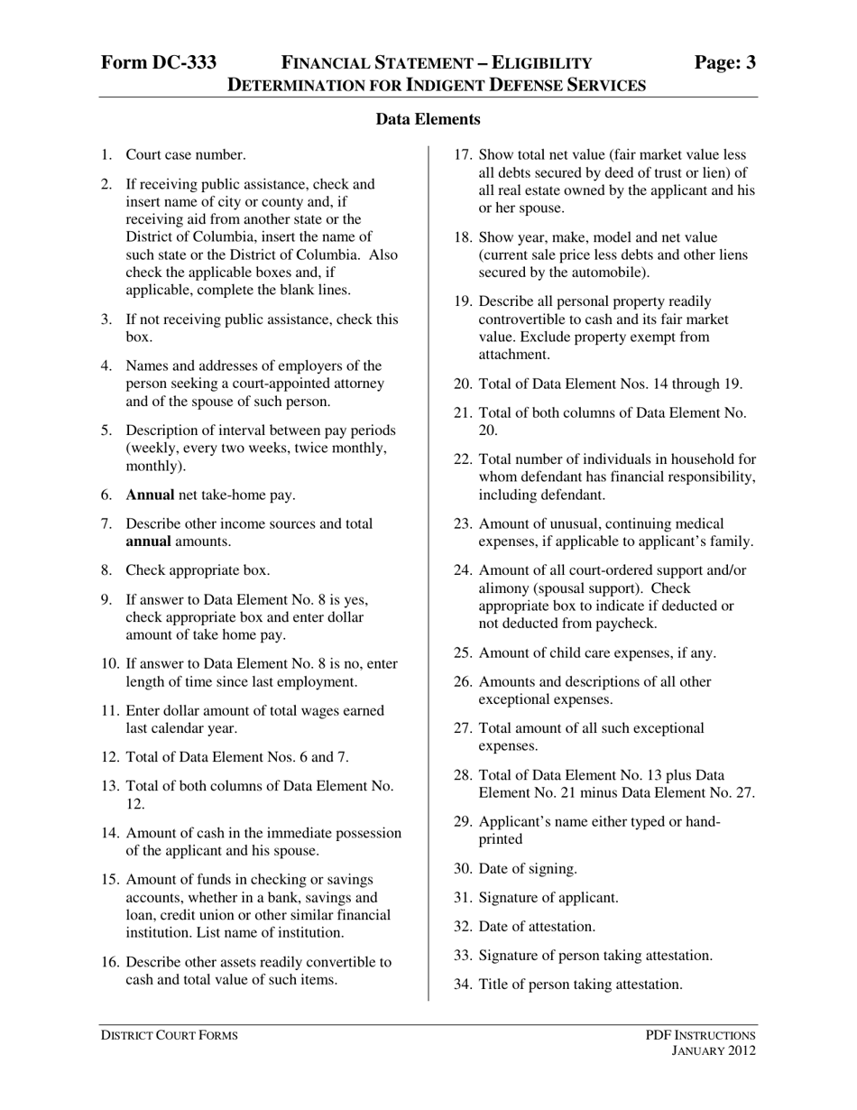Instructions for Form DC-333 Financial Statement - Eligibility Determination for Indigent Defense Services - Virginia, Page 3