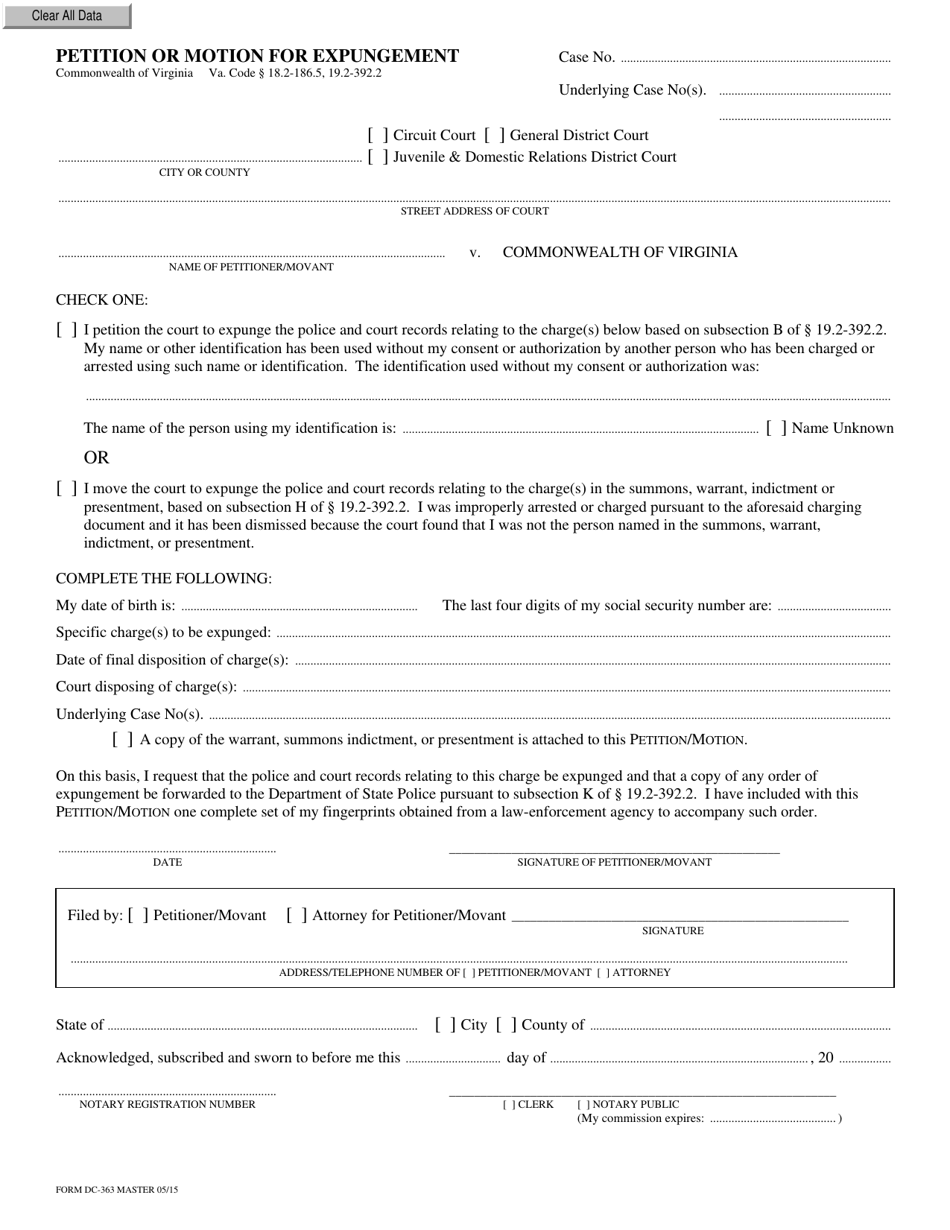 Form DC-363 Petition or Motion for Expungement - Virginia, Page 1