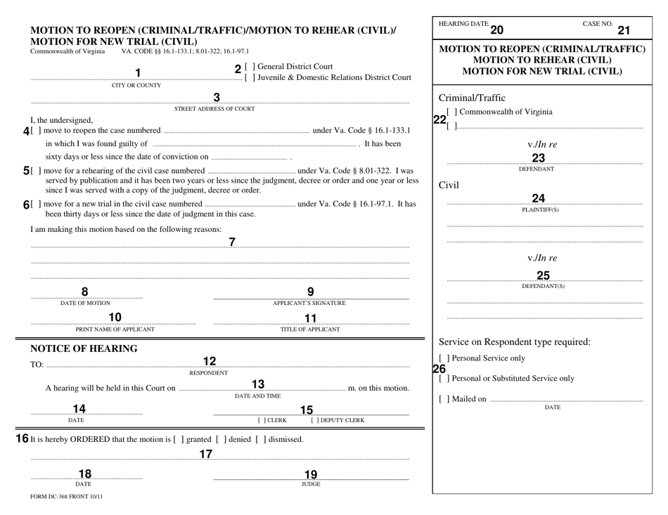 Instructions for Form DC-368 Motion to Reopen (Criminal / Traffic) / Motion to Rehear (Civil) / Motion for New Trial (Civil) - Virginia, Page 2