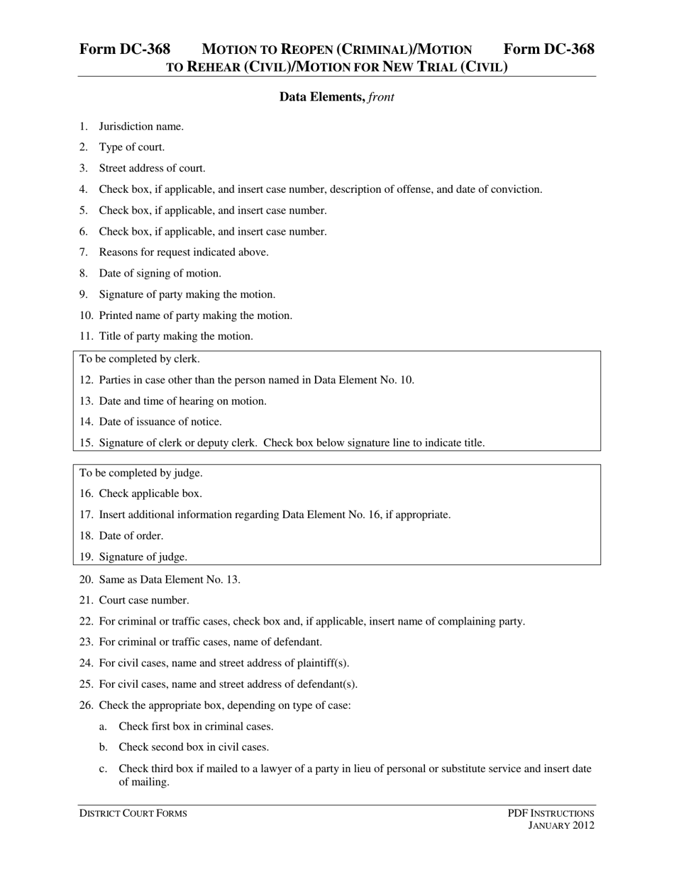 Instructions for Form DC-368 Motion to Reopen (Criminal / Traffic) / Motion to Rehear (Civil) / Motion for New Trial (Civil) - Virginia, Page 3