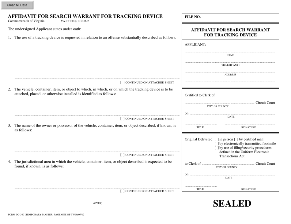Form DC-340 Affidavit for Search Warrant for Tracking Device - Virginia, Page 1