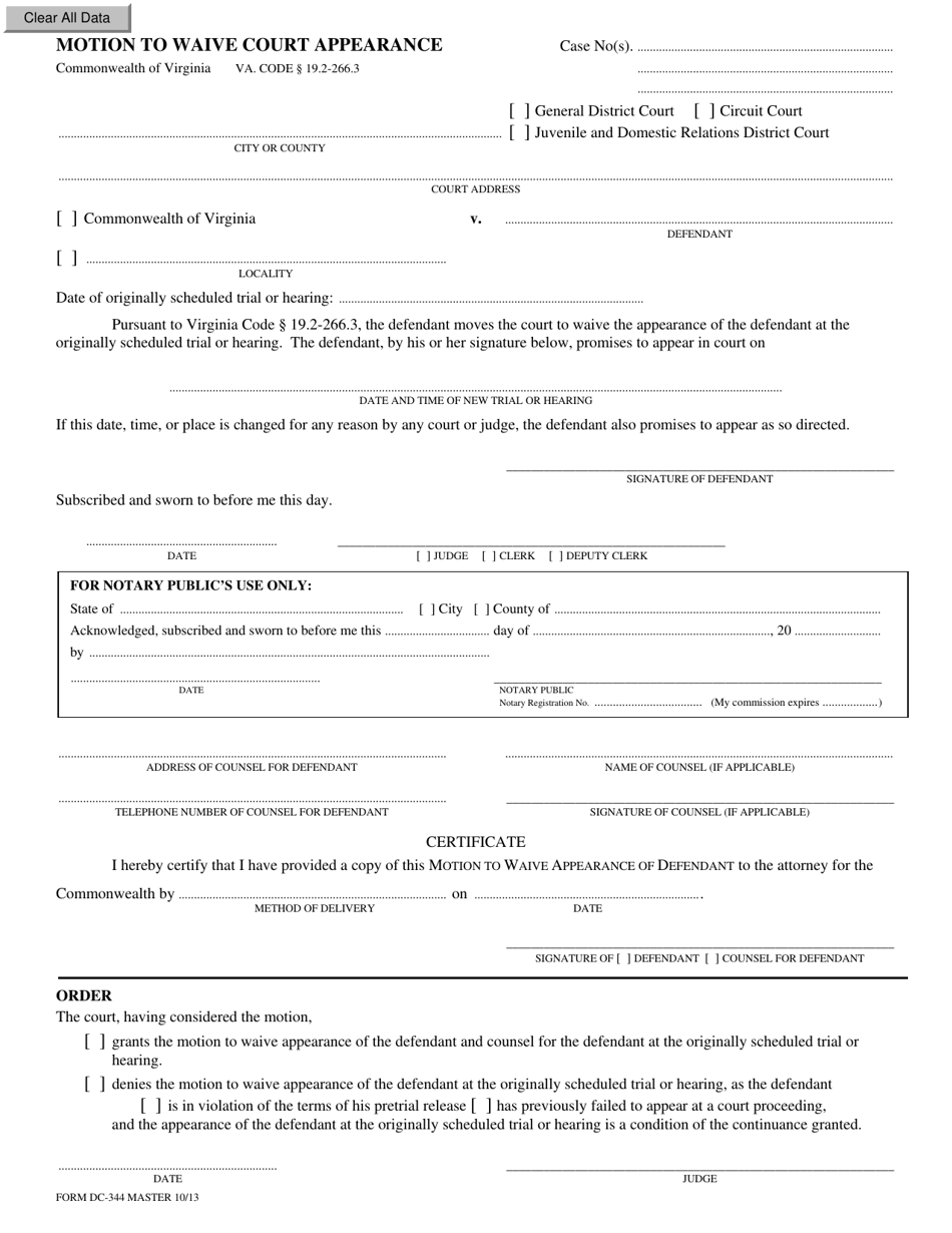 Form DC-344 - Fill Out, Sign Online and Download Fillable PDF, Virginia ...