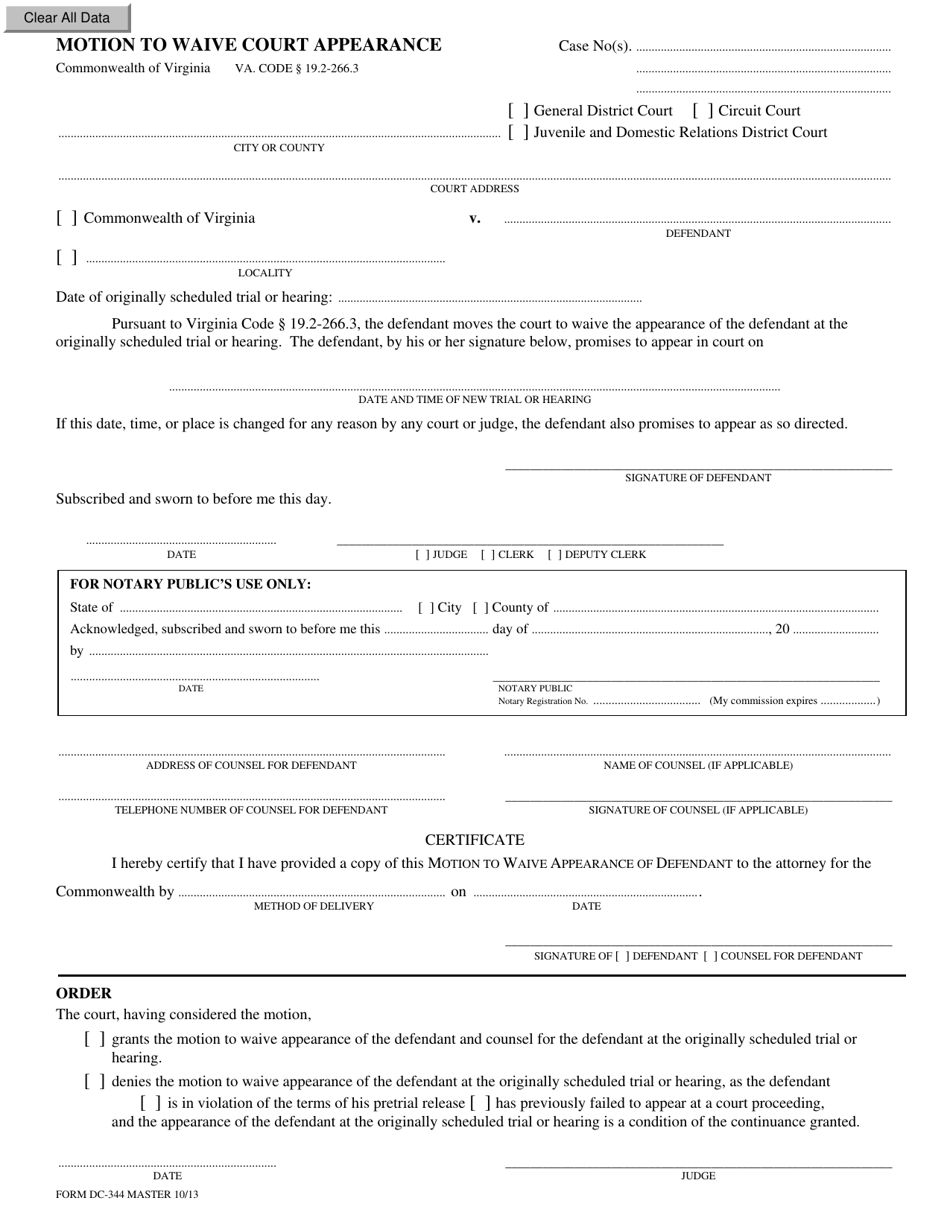 Form DC-344 Motion to Waive Court Appearance - Virginia, Page 1