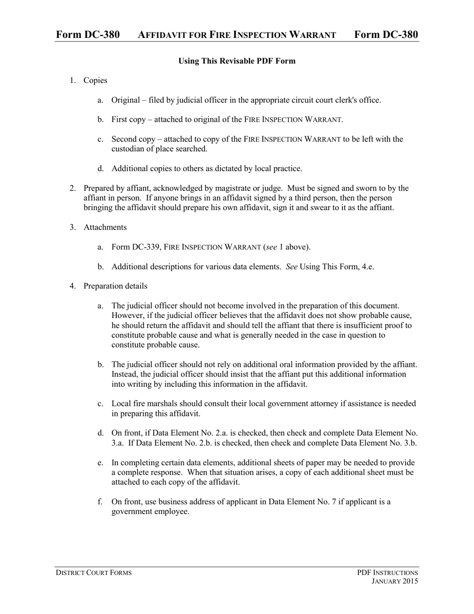 Instructions for Form DC-380 Affidavit for Fire Inspection Warrant - Virginia, Page 1