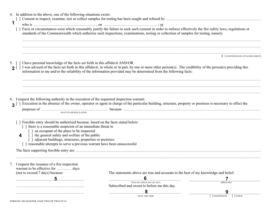 Instructions for Form DC-380 Affidavit for Fire Inspection Warrant - Virginia, Page 4