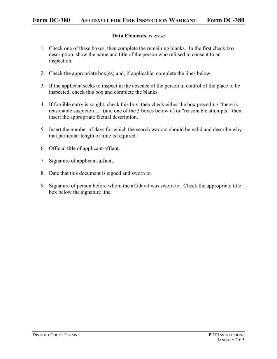 Instructions for Form DC-380 Affidavit for Fire Inspection Warrant - Virginia, Page 5