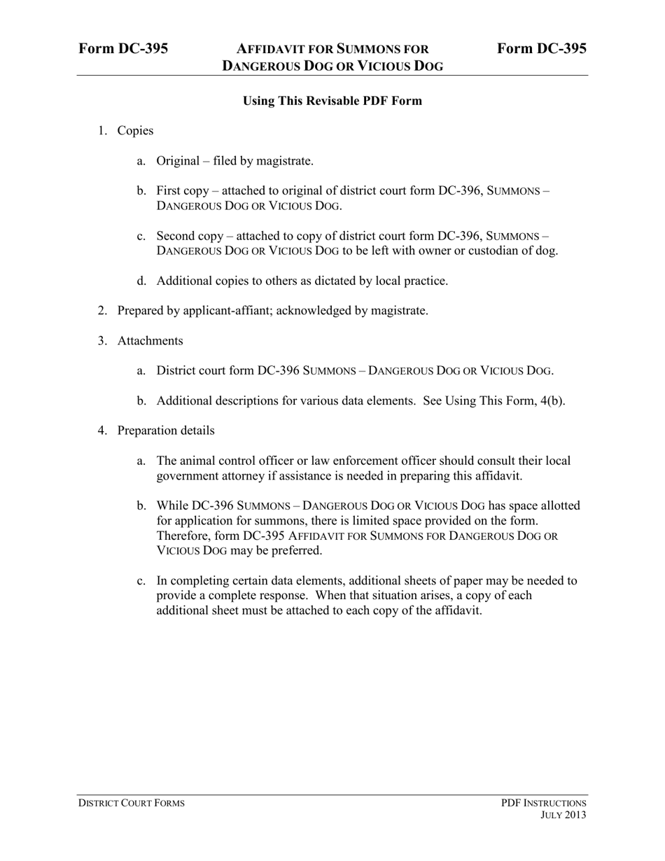 Download Instructions for Form DC395 Affidavit for Summons for