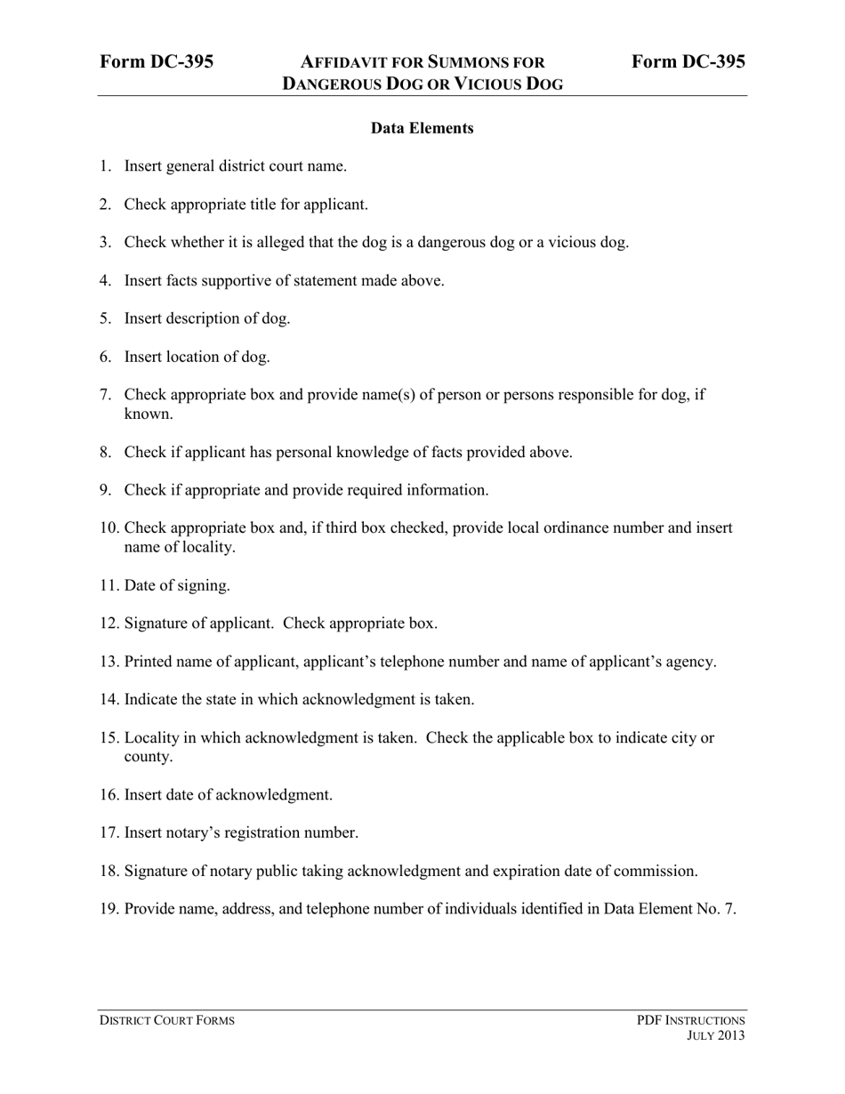 Instructions for Form DC-395 Affidavit for Summons for Dangerous Dog or Vicious Dog - Virginia, Page 3