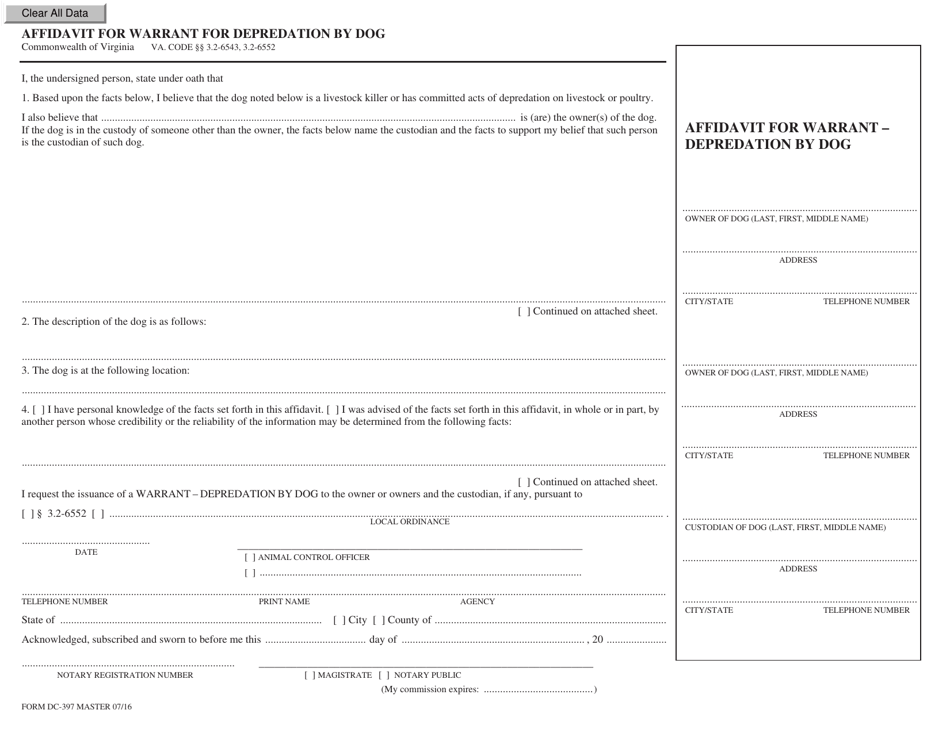 Form DC-397 Affidavit for Warrant for Depredation by Dog - Virginia, Page 1