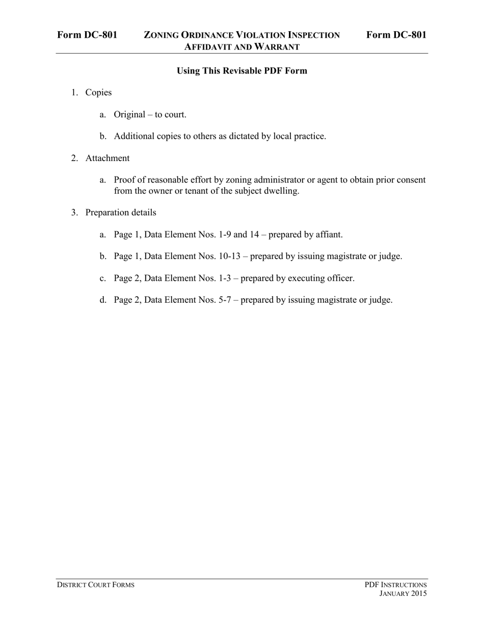 Instructions for Form DC-801 Zoning Ordinance Violation Inspection Affidavit and Warrant - Virginia, Page 1