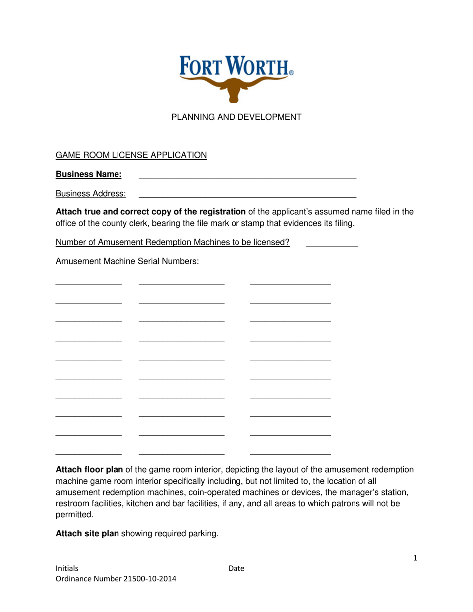 Game Room License Application - City of Fort Worth, Texas, Page 1