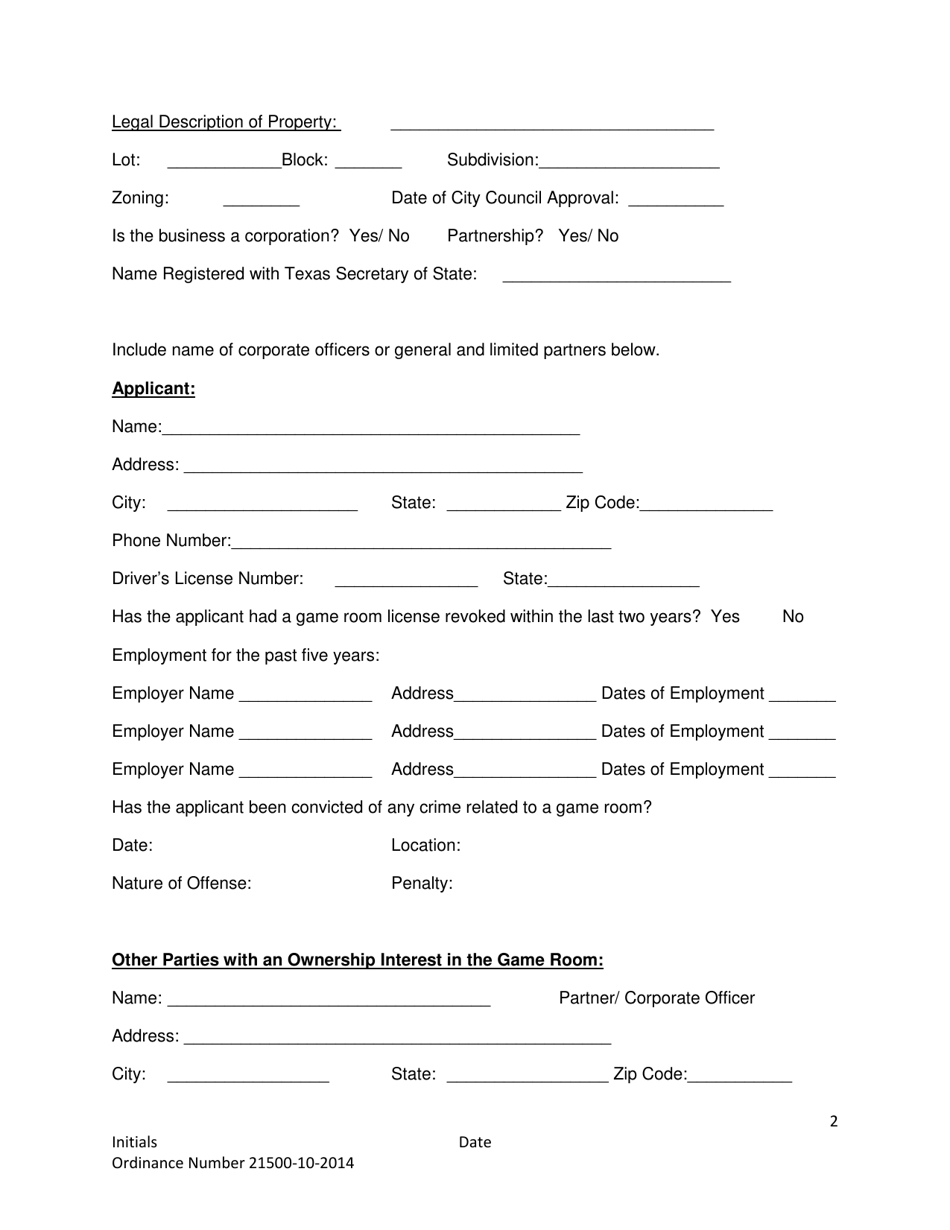 Game Room License Application - City of Fort Worth, Texas, Page 2