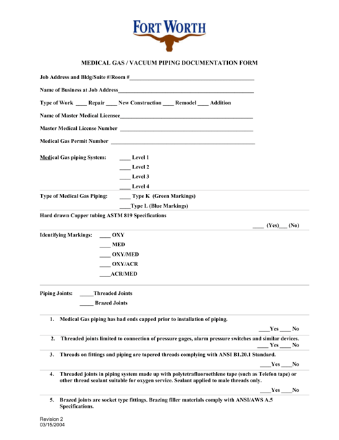 Medical Gas / Vacuum Piping Documentation Form - City of Fort Worth, Texas Download Pdf