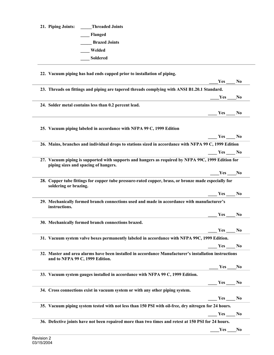 Medical Gas / Vacuum Piping Documentation Form - City of Fort Worth, Texas, Page 3