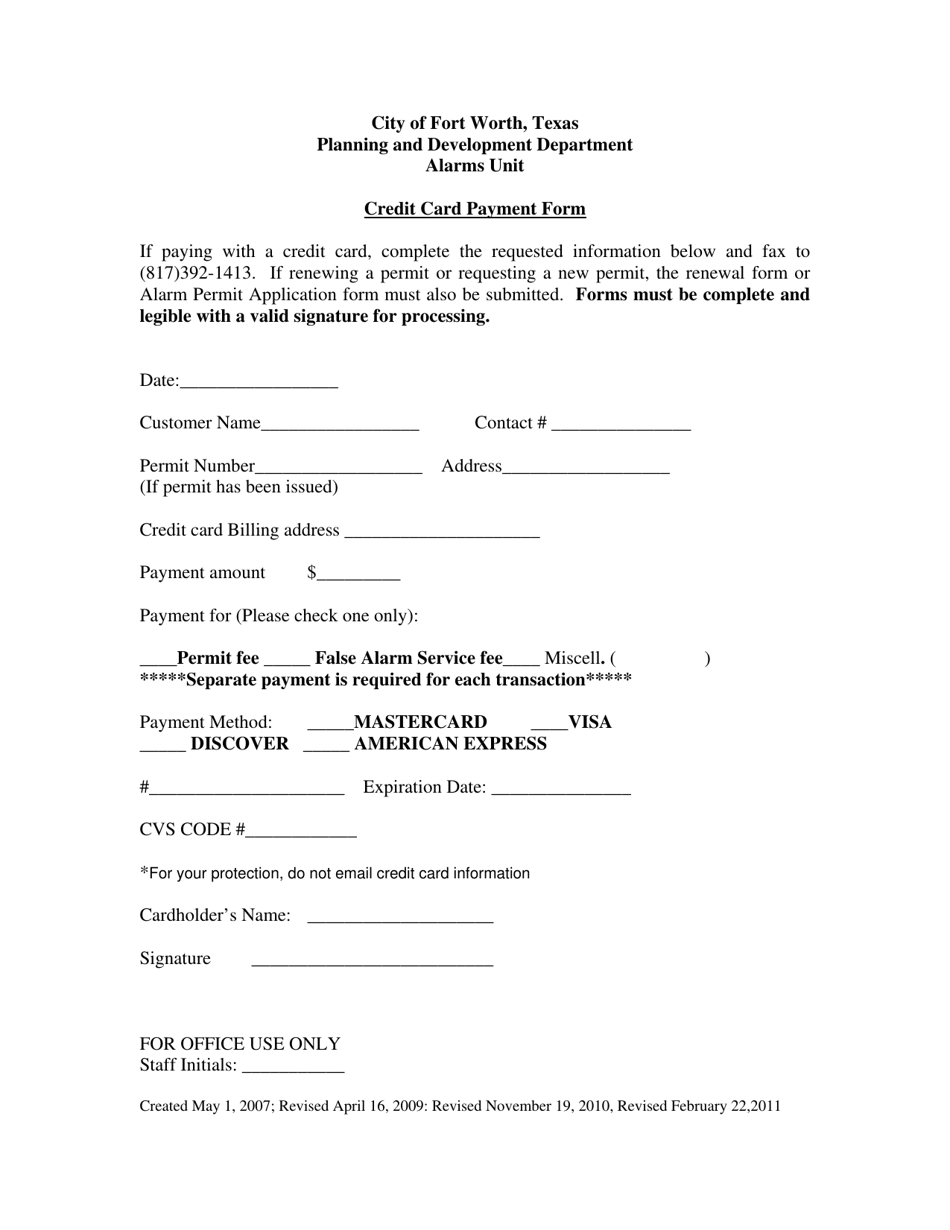Credit Card Payment Form - City of Fort Worth, Texas, Page 1