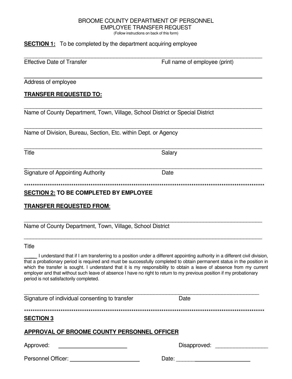 Broome County, New York Employee Transfer Request Fill Out, Sign Online and Download PDF