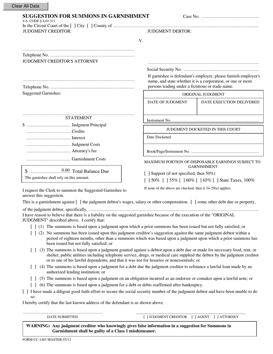 Form CC-1485 Suggestion for Summons in Garnishment - Virginia, Page 1