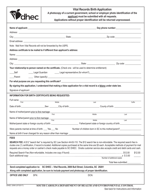 DHEC Form 2595 Vital Records Birth Application - South Carolina