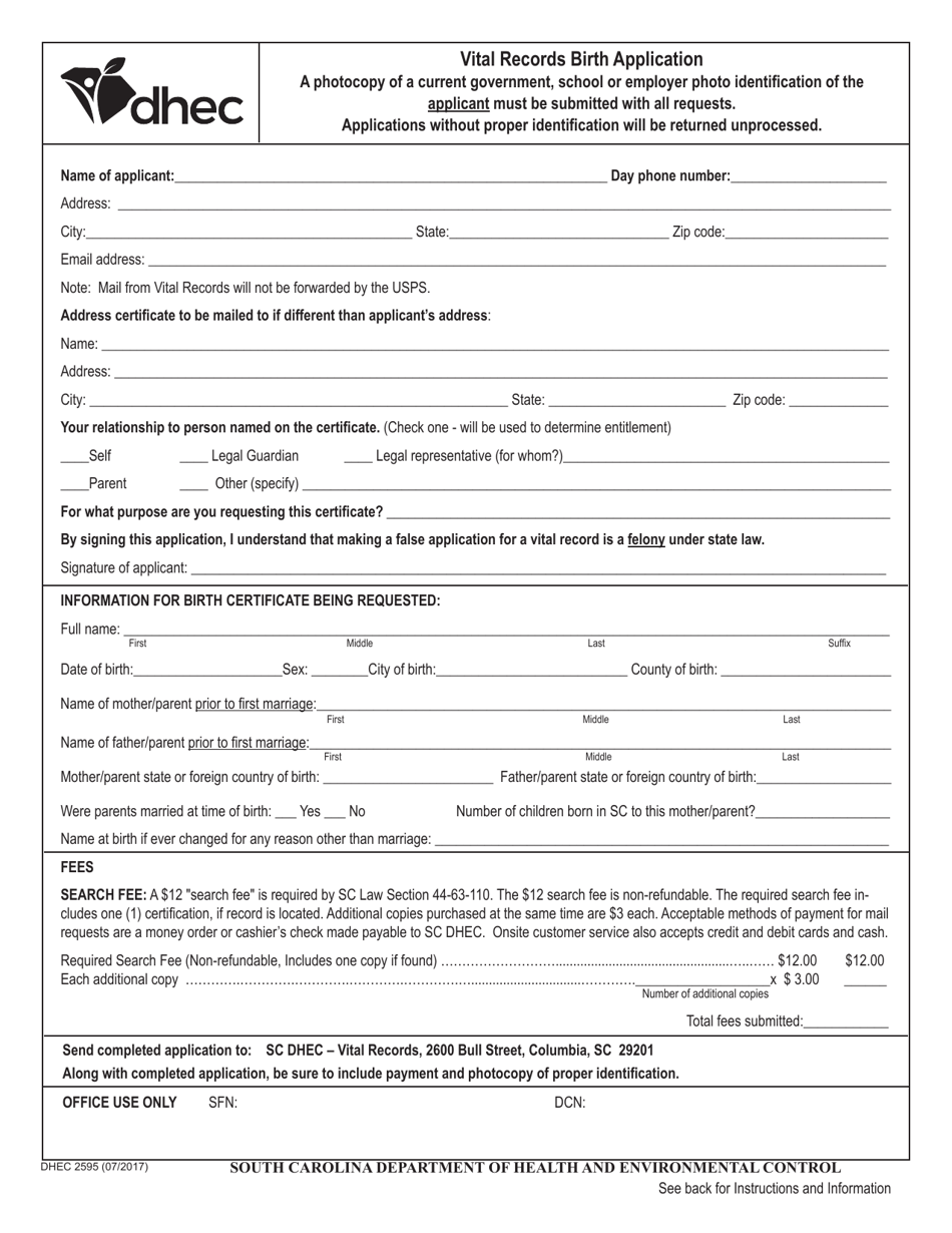 DHEC Form 2595 Vital Records Birth Application - South Carolina, Page 1