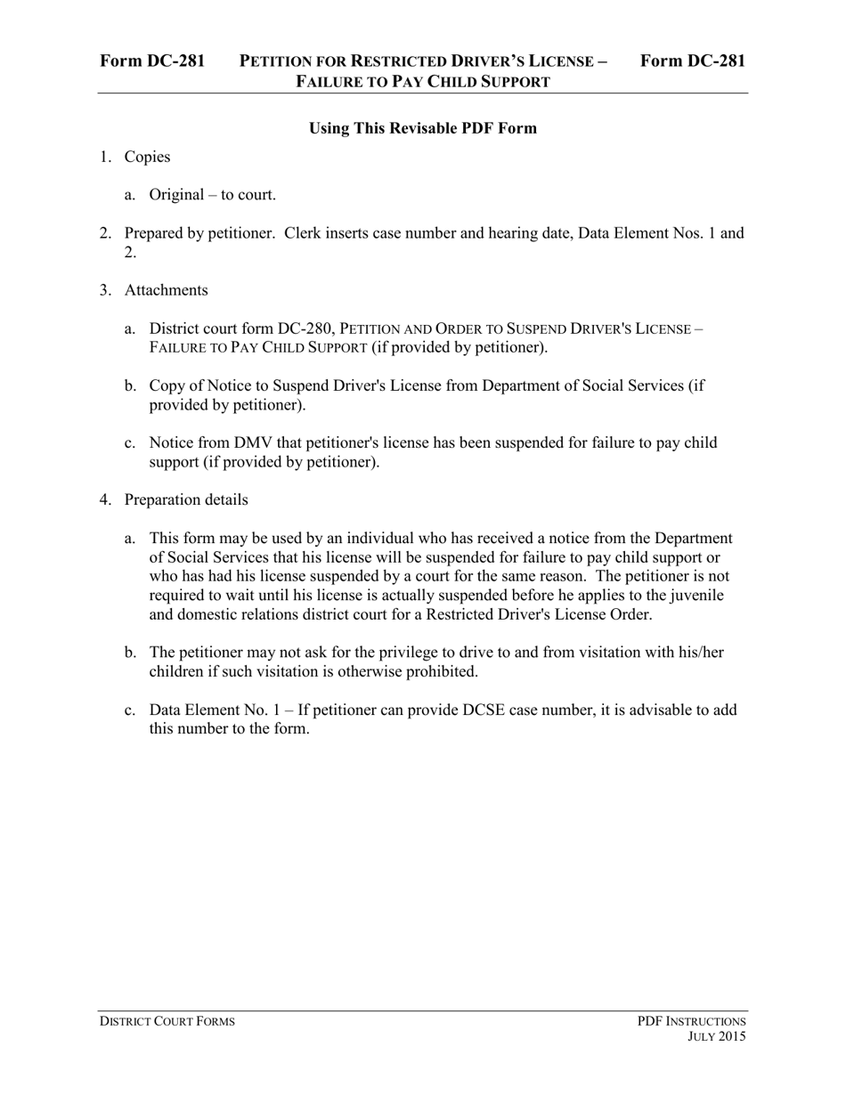 Instructions for Form DC-281 Petition for Restricted Drivers License Failure to Pay Child Support - Virginia, Page 1