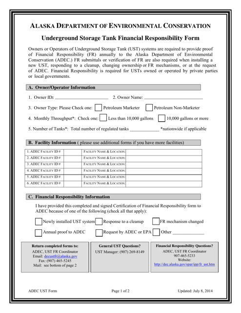 Underground Storage Tank Financial Responsibility Form - Alaska Download Pdf