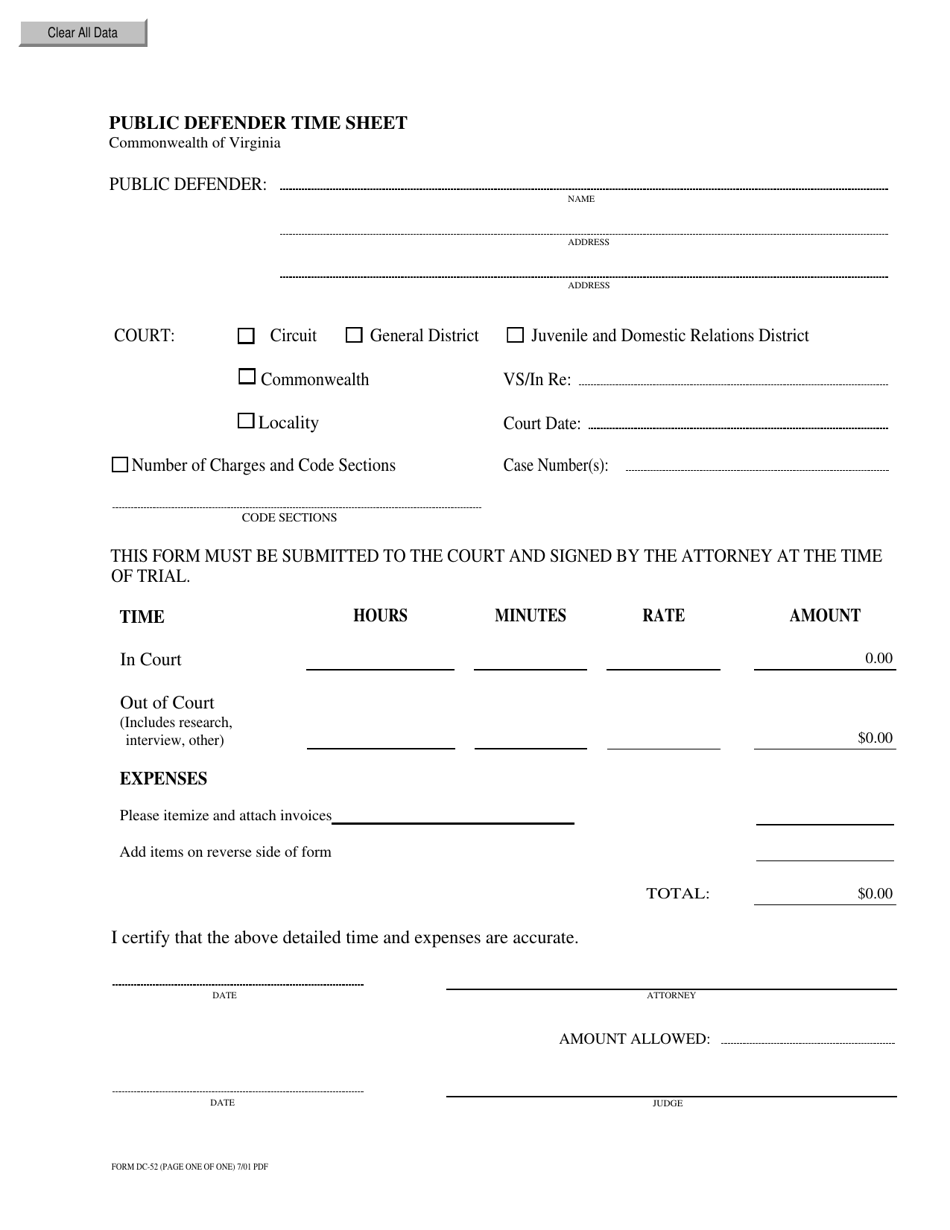 Form DC-52 Public Defender Time Sheet - Virginia, Page 1