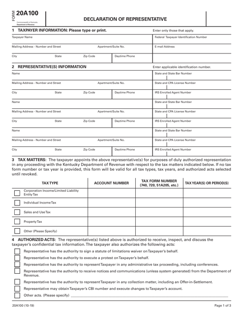 Form 20A100 Declaration of Representative - Kentucky