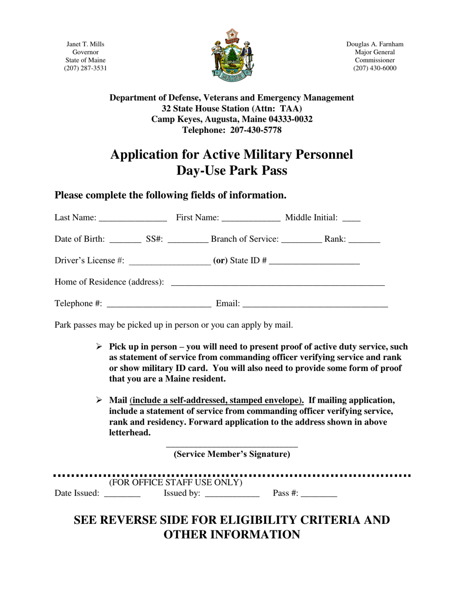 Application for Active Military Personnel Day-Use Park Pass - Maine, Page 1
