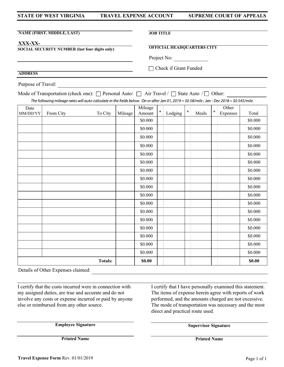 Travel Expense Form - West Virginia, Page 1