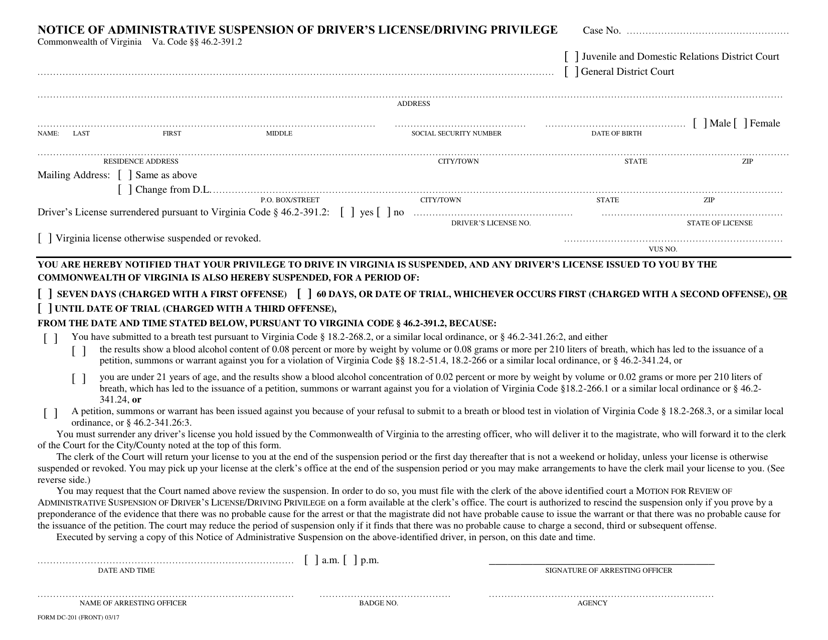 Form DC-201 Notice of Administrative Suspension of Driver's License/Driving Privilege - Virginia