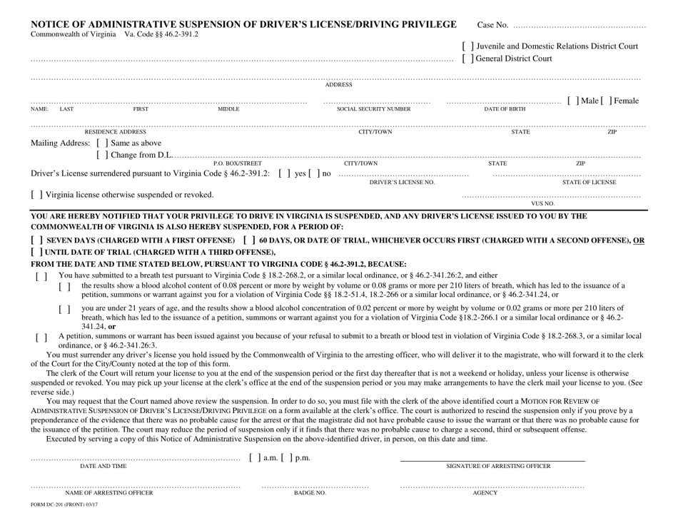 Form DC-201 Notice of Administrative Suspension of Drivers License / Driving Privilege - Virginia, Page 1