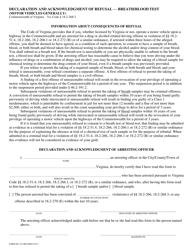 Document preview: Form DC-233 Declaration and Acknowledgment of Refusal - Breath/Blood Test (Motor Vehicles Generally) - Virginia