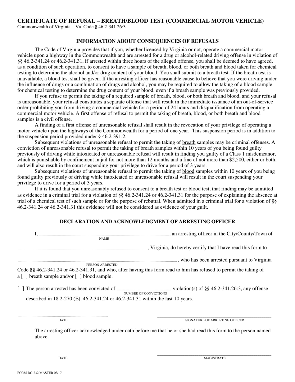 Form DC-232 Certificate of Refusal - Breath / Blood Test (Commercial Motor Vehicle) - Virginia, Page 1