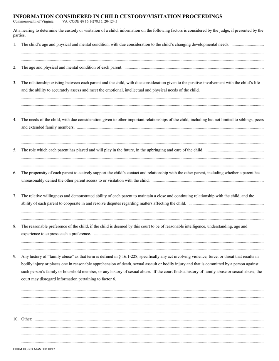 Form DC-574 Information Considered in Child Custody / Visitation Proceedings - Virginia, Page 2