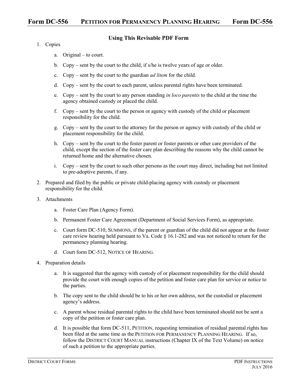 Instructions for Form DC-556 Petition for Permanency Planning Hearing - Virginia, Page 1