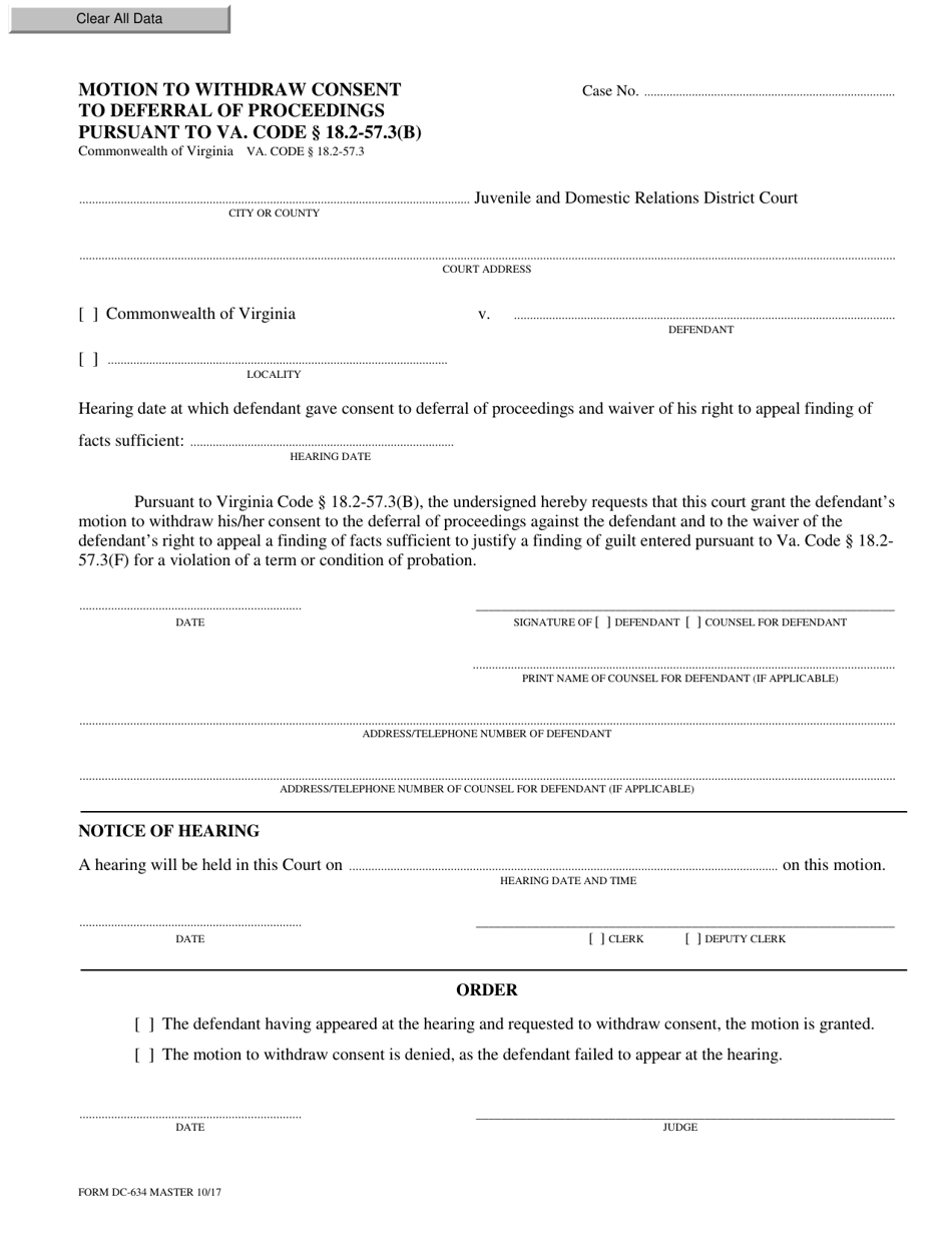 Form DC-634 Download Fillable PDF or Fill Online Motion to Withdraw ...