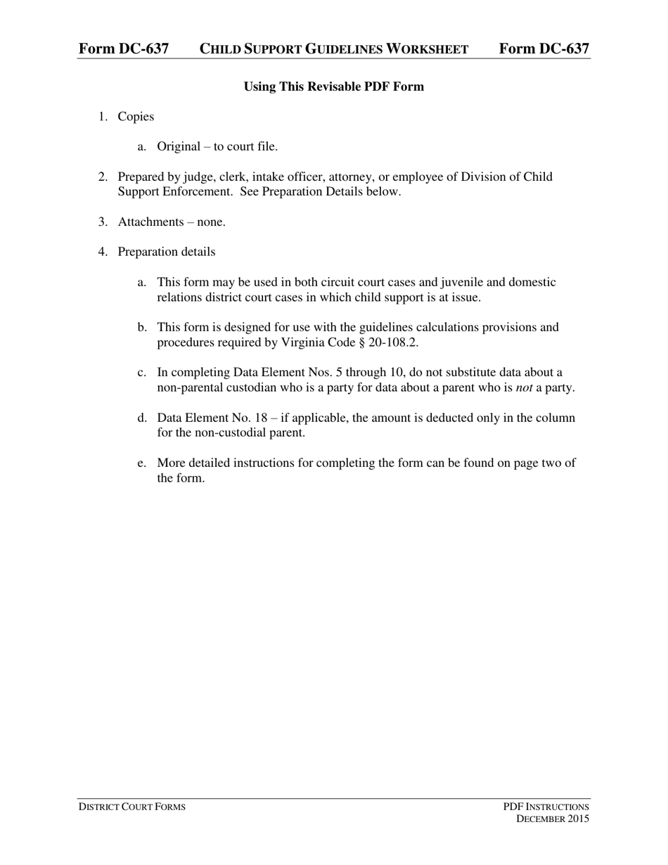 Instructions for Form DC-637 Child Support Guidelines Worksheet - Virginia, Page 1