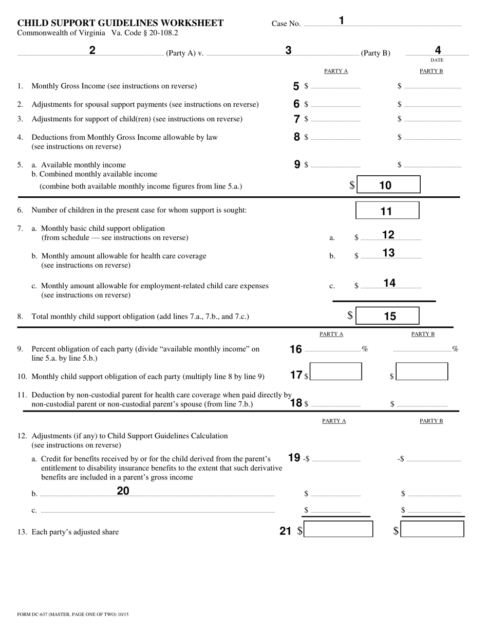 Instructions for Form DC-637 Child Support Guidelines Worksheet - Virginia, Page 2