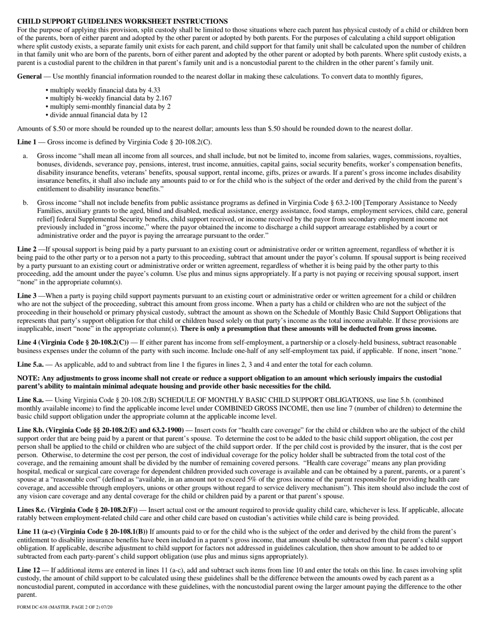 Form DC-638 Child Support Guidelines Worksheet - Split Custody - Virginia, Page 2