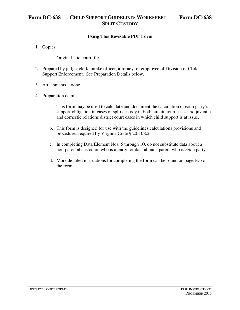 Instructions for Form DC-638 Child Support Guidelines Worksheet - Split Custody - Virginia, Page 1