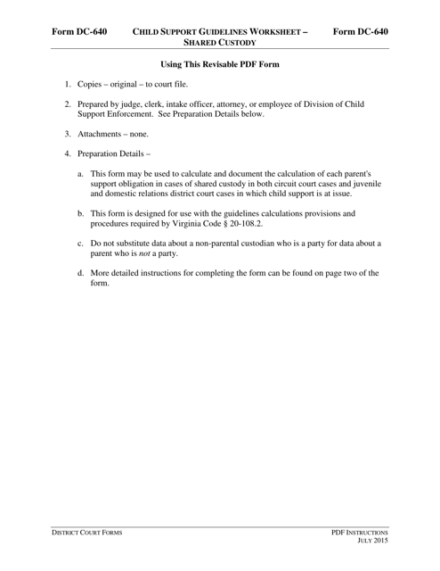 Instructions for Form DC-640 Child Support Guidelines Worksheet - Shared Custody - Virginia