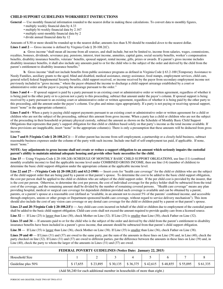 Instructions for Form DC-640 Child Support Guidelines Worksheet - Shared Custody - Virginia, Page 4