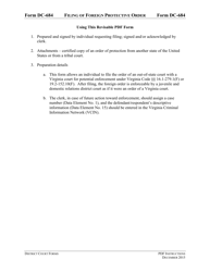 Document preview: Instructions for Form DC-684 Filing of Foreign Protective Order - Virginia