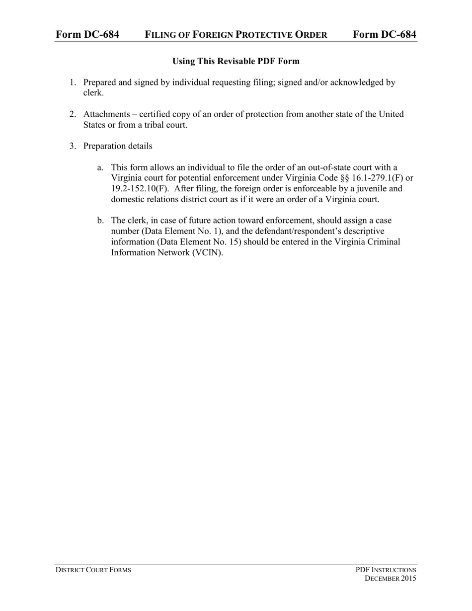 Instructions for Form DC-684 Filing of Foreign Protective Order - Virginia, Page 1